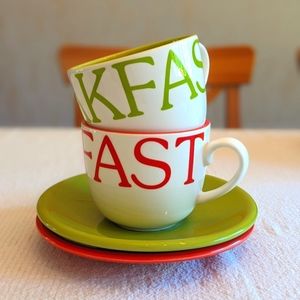 Crate&Barrel "Breakfast" mugs red and green